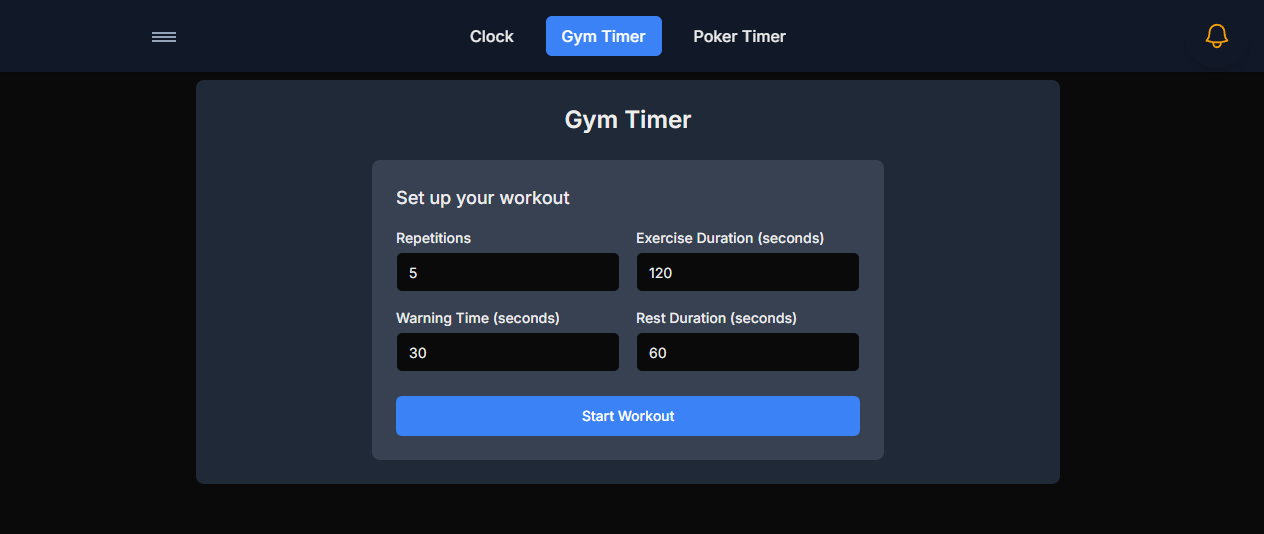 Gym Timer interface screenshot showcasing the interval timer, settings, and workout progress